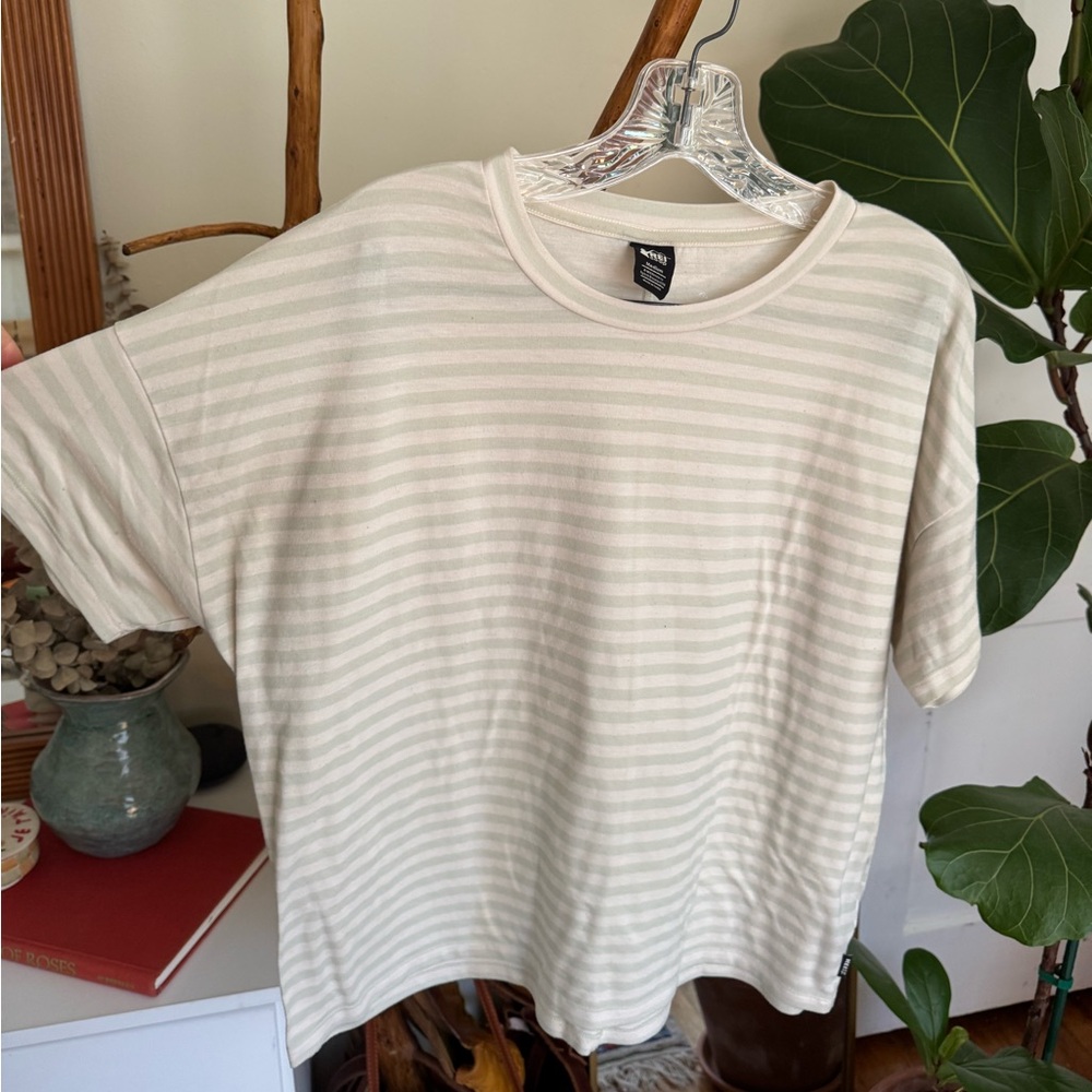 REI White and Green Striped Tee